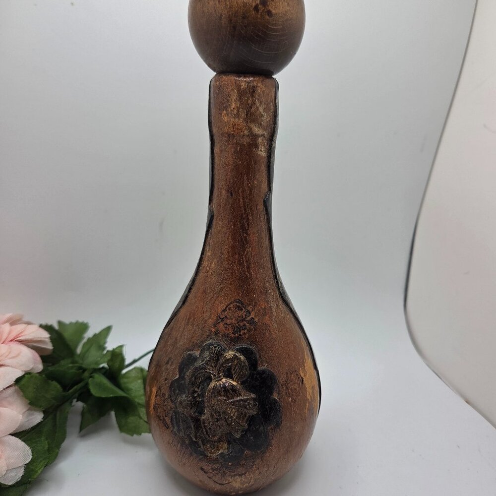 Vintage Italian Brown Leather Covered Wine Bottle Decanter Embossed Wood Stopper